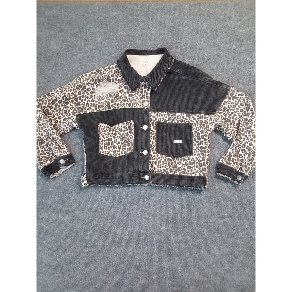 POL Leopard Print Corduroy Cropped Jacket Distressed Button Front Women's S